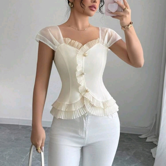 Tops - Women's Solid Color Ruffle Trim Button Design Puff Sleeve Elegant Blouse